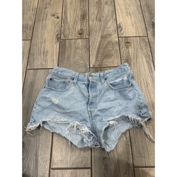 Levis Strauss Pants - Levi's 501 Women's Distressed Light Wash Denim Jean Shorts Cut Off Raw Hem Size